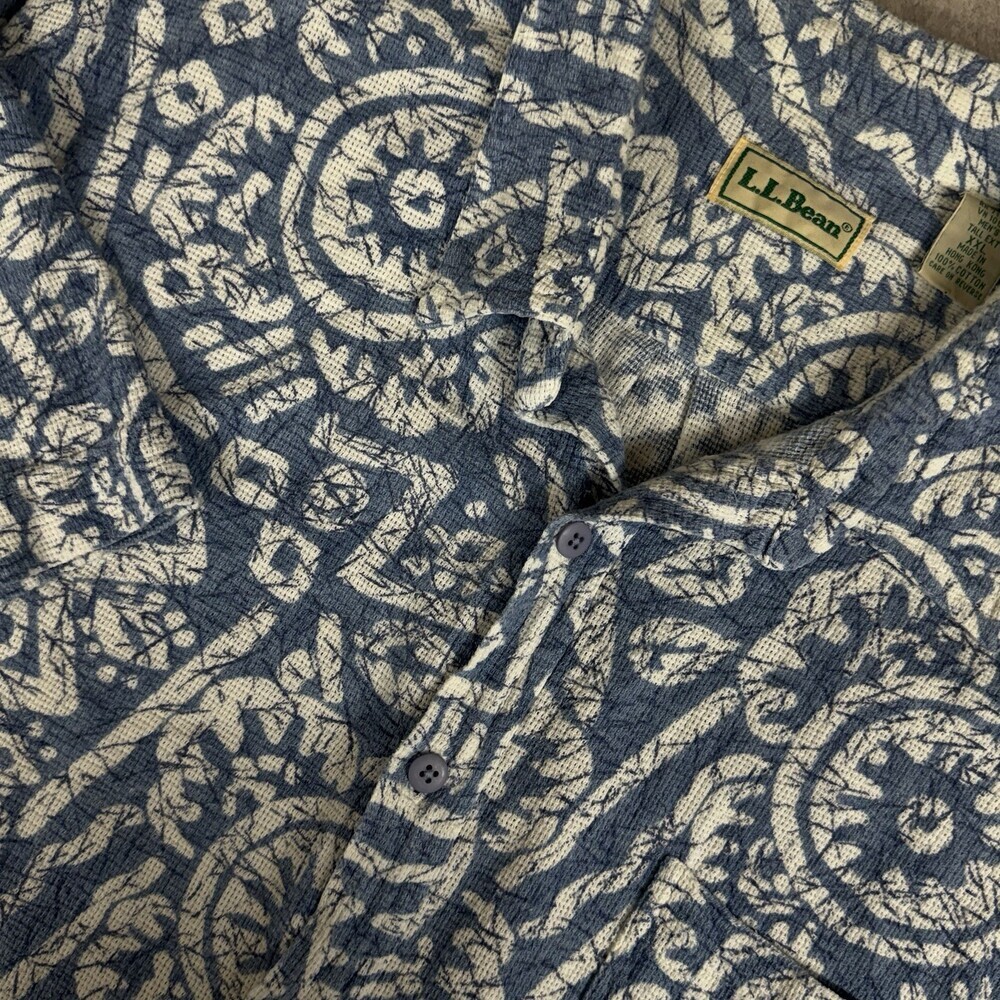 VTG LL Bean‎ Mens Hawaiian Shirt Woven Thick Cotton Blue White Tribal XXL Vaca